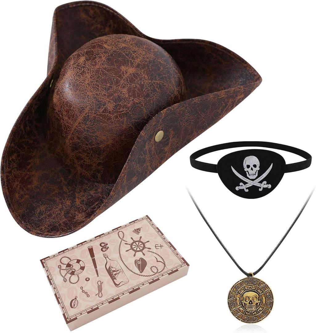 Renaissance Pirate Hat Costome Decoration Halloween Exchange For Male Female Tricorn Hat With Eye Patch & Necklaces (Brown)