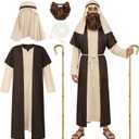 SOMSOC Mens Biblical Saint Joseph Sherherd Costume Jesus Robe Costume Beard Staffs Headwrap Hat Waist Rope Set