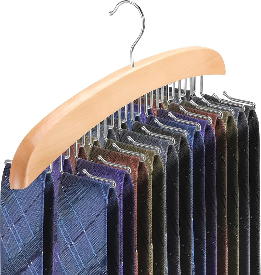 Tie Rack Hanger for Closet,360 Degree Rotating Tie Holder Organizer with 24 Folding Hooks,Wooden Men's Neck Tie Organizer Storage for Belts Tank Tops Scarves