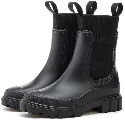 Women's Waterproof Lug Sole Chelsea Ankle Boots fashion slip-on Platform Chunky Heel Combat booties Casual Comfortable non-slip outdoor work Rain shoes Boots (9, Black)