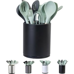 LIBODOUR Utensil Holder,Large 360°Rotating Kitchen Utensil Holder For Counter,Cooking Silverware Organizer Stainless Steel Caddy Flatware Spoon Spatula Tool Cutlery Container