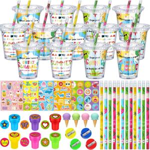 24 Set End of Year Students Gift from Teacher Bulk Summer Pencil Sharpener Eraser Stamp Sticker Card Plastic Cup with Lid Cute Class Gifts for Students Graduation School Classroom Prizes
