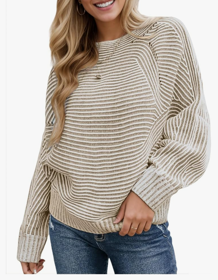 VIMPUNEC Fall Winter Sweaters for Women Knit Striped Batwing Pullover Trendy Oversized Long Sleeve Tops(XL)