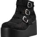 LUCKY STEP Women Platform Chunky Ankle Boots - Round Toe Zipper Wedges High Heels Rave Buckle Thick Sole Goth Booties (7, Black Rhinestone)