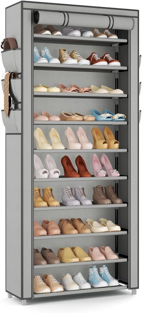 VTRIN Vertical Narrow Shoe Rack Organizer Tall Shoe Rack for Closet Entryway 10 Tier Non-Woven Cover Shoe Shelf Holds 36-41 Pairs Free Standing Shoe Storage Cabinet with Dustproof Cover, Grey
