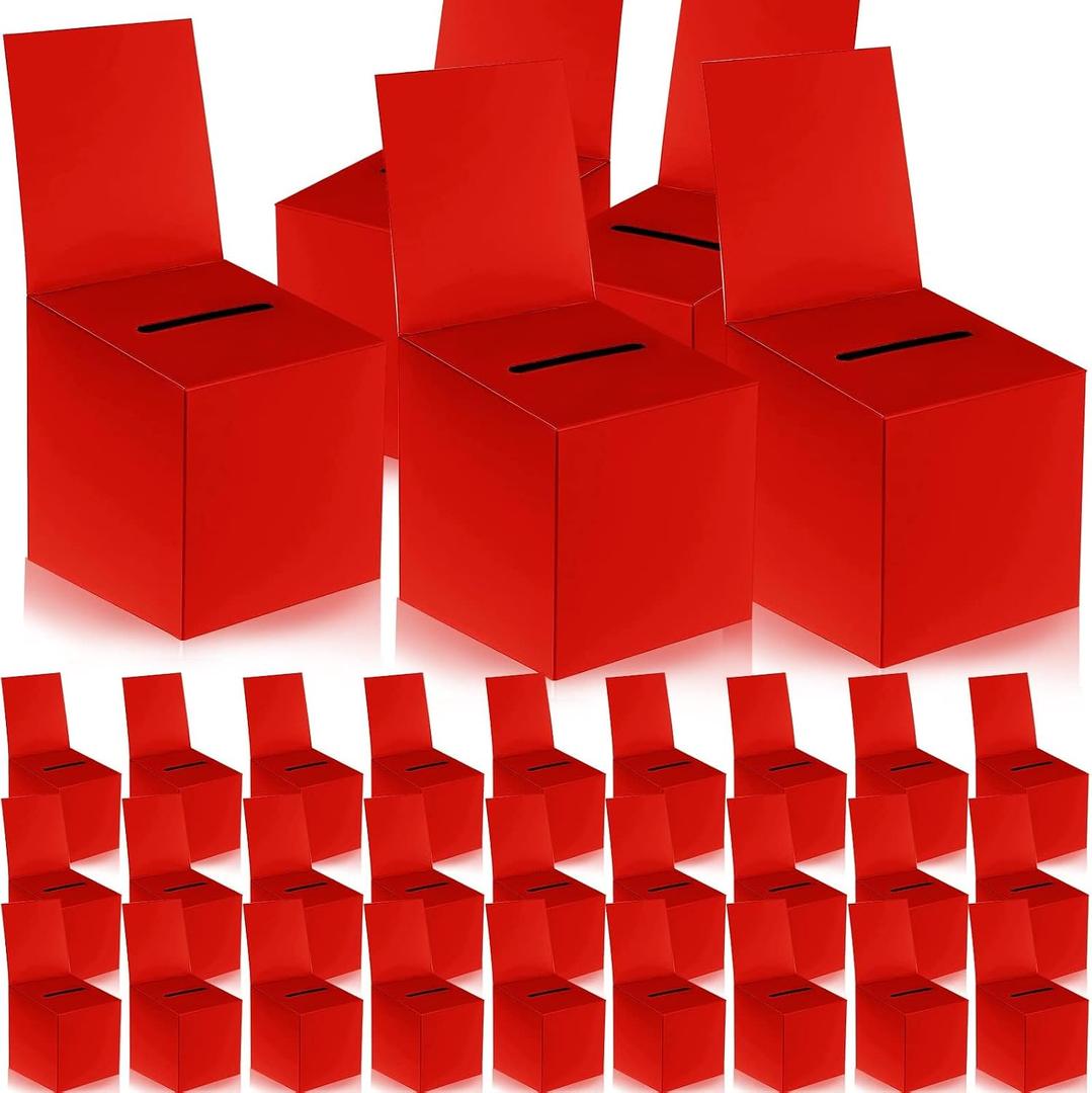30 Pack Raffle Boxes Ballot Box Suggestion Box with Slot, 6 x 6 x 6 Inch Cardboard Raffle Boxes with Slot for Ticket and Removable Header for Collecting Business Card Voting Contest (Red)