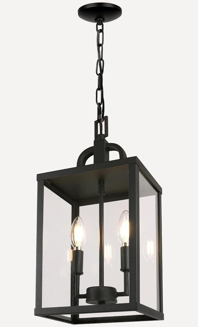 Large Outdoor Indoor Pendant Light 2-Light, Modern Black Metal Outside Chandelier Exterior Hanging Fixture Ceiling Mount with Clear Glass Shade for Front Porch Entrance Foyer Entryway 