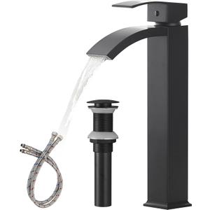 Matte Black Bathroom Vessel Sink Faucet, Waterfall Bathroom Faucets, Tall Spout Single Handle Single Hole Bathroom Faucets with Pop Up Drain and Without Overflow Basin Faucet Supply Line