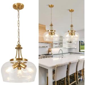 14.2" Modern Pendant Lights Kitchen Island, 3-Light Gold Pendant Light Fixtures with Clear Glass Shade, Industrial Hanging Pendant Lights Fixture for Kitchen Island, Dining Room, Bedroom, Entryway