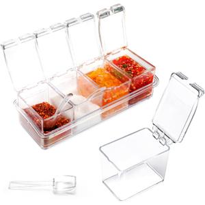 Clear Seasoning Box, 4 Piece Seasoning Rack Spice Pots, Plastic Storage Container Condiment Jars with Lids and Spoon, Storage Container Spice Jar for Salt Sugar Tea Herbal Coffee Beans