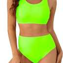 Holipick Women High Waisted Bikini Set Two Piece Scoop Neck Swimsuit Criss Cross Back Bathing Suit, Size 2XL, Neon Green