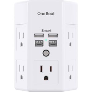 One Beat 1680J 3 Side Power Strip Multi Plug Expander, Surge Protector, 5 Outlets Extender, 4 USB Ports (USB C), Wall Mount Charger, Outlet Splitter Adapter for Home, Travel, Office, ETL Listed, White