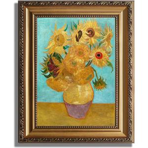 ASTRDECOR Van Gogh Wall Art Framed, Vintage Van Gogh Sunflowers Art Print, Impressionist Floral Painting, Vintage Teal Gold Flower Canvas, 9x12 Inches, Living Room, Bedroom, Office