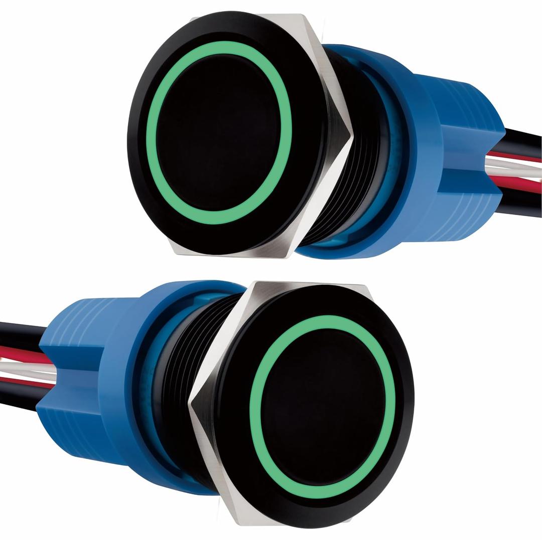 LED Latching Aluminum Push Button Switch 12-24V DC 20A 1NO On Off with Wire Socket (2, Green, 22mm)