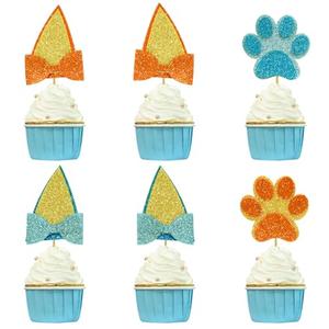 LOLStar 36 PCS Blue Dog Cake Toppers, Orange and Blue Birthday Party Cupcake Toppers, Glitter Dog Paw Pattern Cake Topper Decorations for Girls Boys Baby Shower Birthday Cake Party Supplies Decor