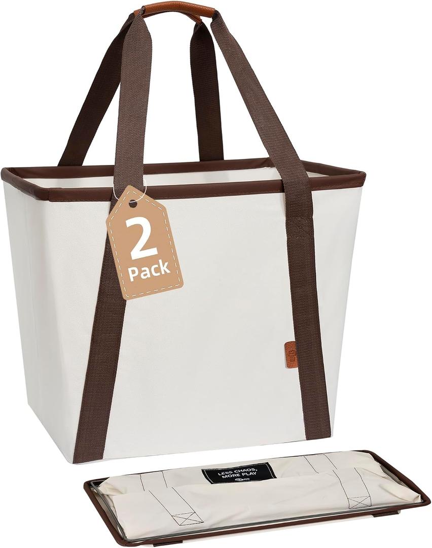 STORAGE MANIAC Collapsible Laundry Caddy, 128L (34 Gal) Large Collapsible Laundry Basket with Sturdy Metal Wire Frame, Long Carry Handles - Space-Saving, Foldable Laundry hamper, 2 Pack Beige
