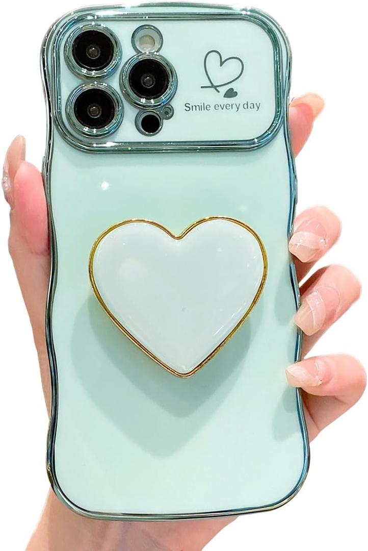 Compatible with iPhone 16 Pro Max Heart Holder case, Cute Wave Frame Curly Shape with Love Heart Kickstand Raised Camera Protection Cover Luxury Plating Shockproof (Green, For iPhone 16 Pro Max)