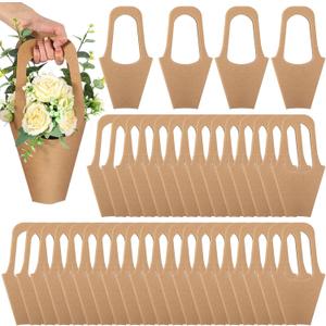 100 Packs Kraft Paper Flowers Gift Bags with Handle, 13.8'' Flowers Bouquet Holder for Wedding, Valentines Day Decoration, Florist Shop