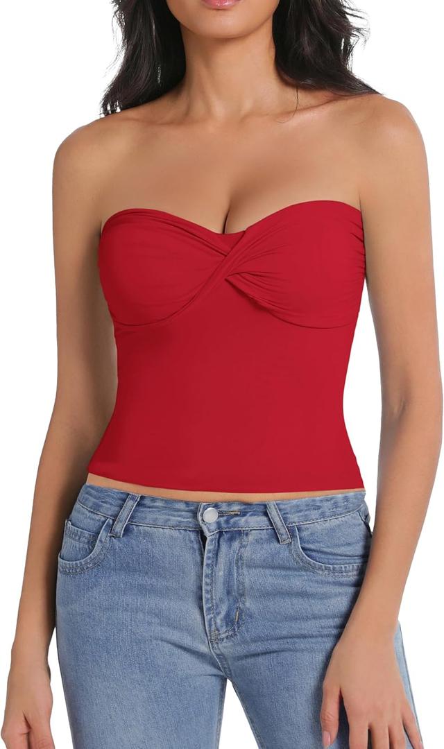 Tube Tops for Women Twist Knot Summer Going Out Crop Tops Backless Strapless Bandeau Tops Y2K Basic (Red, M)
