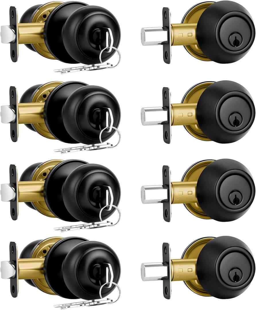 Plustool 4 Pack Front Door Lock Set,Matte Black Exterior Door Lock Set with Deadbolt,Single Cylinder Deadbolt Lock and Door Knob Set,Keyed Alike Door Knob with Lock&Keys,Round Ball Entry Door Lockset