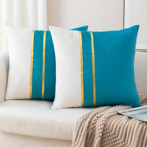 ZLINA Set of 2 Velvet Decorative Throw Pillow Covers Lake Blue White Patchwork with Gold Leather Pillow Covers 16  16 Inch Cushion Covers Decor Living Room Sofa Bedroom Car