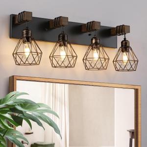 Black Gold Farmhouse Bathroom Light Fixtures, 4-Light Bathroom Lighting Fixtures Over Mirror, Rustic Wood Vanity Lights Wall Sconces with Metal Lampshade for Living Room