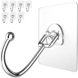 Large Adhesive Hooks 8-Pack, Heavy Duty 44lb(Max) Wall Hooks for Bathroom, Outdoor, Strong Self-Adhesive Towel & Coat Hooks, Waterproof Transparent Utility Hooks for Home Improvement