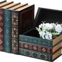 2 Pack Decorative Book Boxes, Wooden Vintage Book Shaped Trinket Box with Lid, Faux Stacked Hollow Books with Hidden Storage, Antique Container for Table Centerpiece, Bookshelf, Library Decor