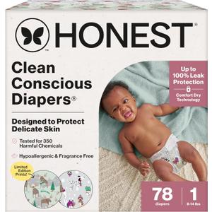 The Honest Company Clean Conscious Diapers for Delicate Skin | Up to 100% Leakproof | Hypoallergenic, Fragrance Free | Winter '25 Limited Edition Prints | Club Box, Size 1 (8-14 lbs), 78 Count (Adorably A-moosing + Winterwear Wags)