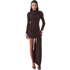 Womens Elegant Flowy Ribbon Long Sleeve Maxi Dress Irregular Ruched Bodycon Fall Dress Pleated Formal Dresses (Small, Brown)
