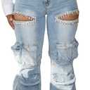 NRTHYE Womens High Waist Rhinestones Cargo Jeans Sexy Ripped Straight Leg Stretch Distressed Denim Trousers Pants (Blue, XL)