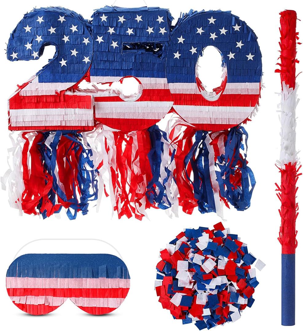 250th Number Patriotic Piñata Set Red White Blue American Flag 22in Piñata with Stick Blindfold Confetti for 250 Summer Pool USA Party Decor