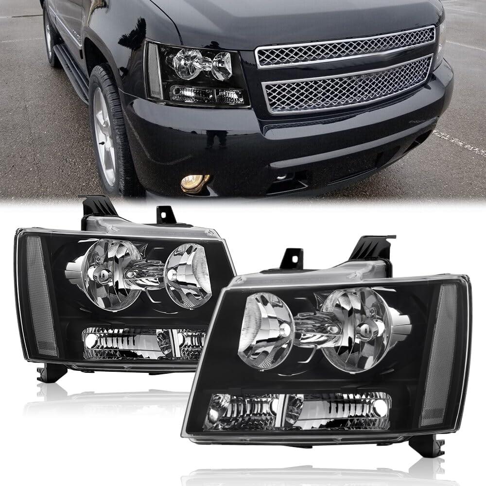 Headlights Assembly for 2007-2014 Chevy Tahoe Suburban 1500,07-13 Chevy Avalanche Suburban 2500 Replacement Headlamp Pair, Black Housing Clear Reflector