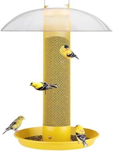 Kingsyard Thistle & Nyjer Bird Feeders for Outdoors Hanging, Metal Finch Feeder with Weatherproof Dome and Removable Tray, 14" Mesh Tube, 2 lbs Seed Capacity (Yellow)