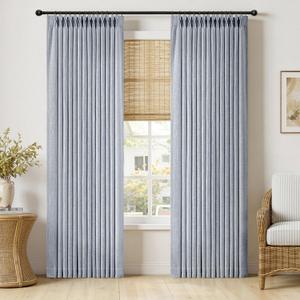 MIULEE Pinch Pleated Thick Linen Curtains 96 Inches Long 2 Panels for Living Room Bedroom, Memory Trained Pleat Drapes Light Filtering Light Blue Semi Sheer Window Curtains Hooks Rings Back Tab