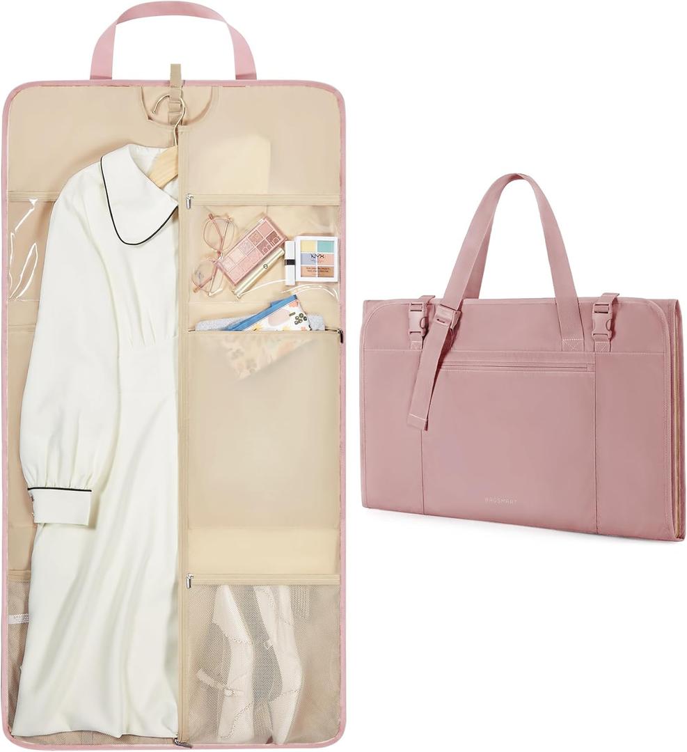 BAGSMART Garment Bags for Travel Foldable Carry on Suit Carrier for Hanging Clothes Stylish Dress Carrier Large Convertible Weekender Garment Bags for Women Men (Sleek Dark Pink)