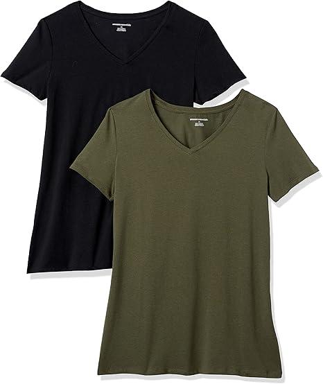  Essentials Women's Classic-Fit 100% Cotton Short-Sleeve V-Neck T-Shirt, Pack of 2, Olive/Black, X-Large