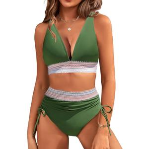 Women's Bikini Sets V Neck 2 Piece Swimsuits High Waisted Color Block Drawstring Bathing Suits Tummy Control Swimwear (X-Large, Army Green)