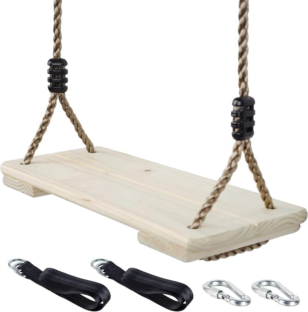 Wooden Swing Seat, Nostalgic Outdoor Wood Swing for Kids , Tree Straps Set Accessories for Backyard Patio Garden Playground, Height Adjustable (Raw wood)