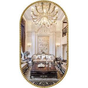Oval Mirror for Wall, 20x36 Inch Gold Oval Bathroom Mirror, Antigue Gold Vanity Mirrors, Metal Floral Frame Mirror for Bedroom Living Room Hallway, Hangs Horizontally or Vertically