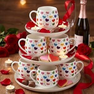 Layhit 6 Pcs Valentine's Day Coffee Mugs 12 oz Valentine Conversation Heart Ceramic Mugs Bulk Cute Couple Cups Set for Anniversary Wedding Engagement Birthday Couple Gifts Mom Girlfriend