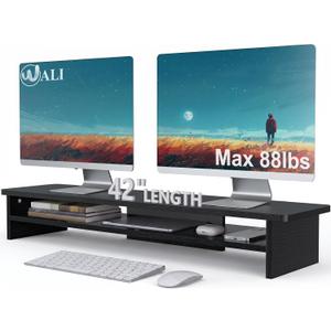 WALI 42 inch Large Wood Dual Monitor Stand Riser with Storage, up to 88lbs