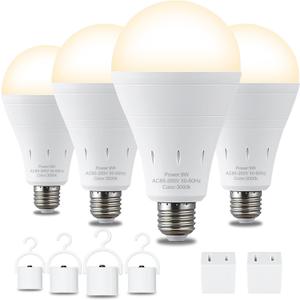 4 Pack Rechargeable Emergency Light Bulbs, Battery Powered LED Light Bulb 3000K Warm E26 120 Volt 9W 60W Equivalent with 1200mAh for Home Power Outage Camping Hurricane (Soft White)