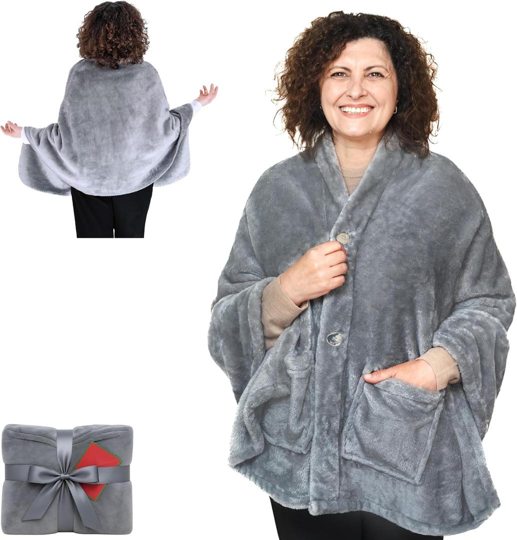 Fleece Poncho Blanket -Drape and Go No Sleeves- Lightweight Wrap Shawl -Wearable Blanket- Gift for Grandma and Mom (Fleece Silver Grey)