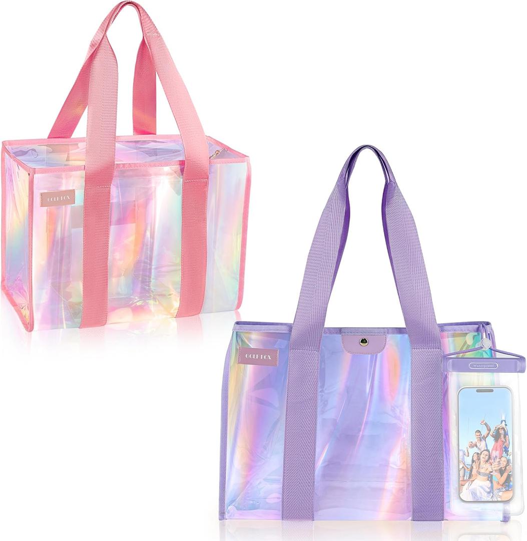 2-Piece XL Iridescent Waterproof Beach Bag Set, Include Purple Iridescent Tote Bag with Snap & Pink Iridescent Tote Bag with Zipper, & Phone Pouch - Perfect Beach Essentials for Family
