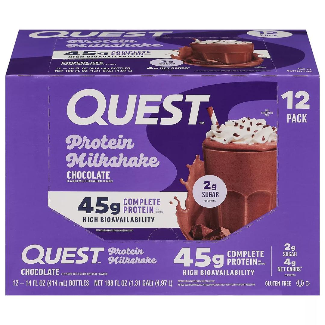 Quest Nutrition Protein Milkshake, Chocolate, 45g Protein, 2g Sugar, High Protein, Low Sugar, Gluten Free, 12 Pack (EXP 10/30/26)