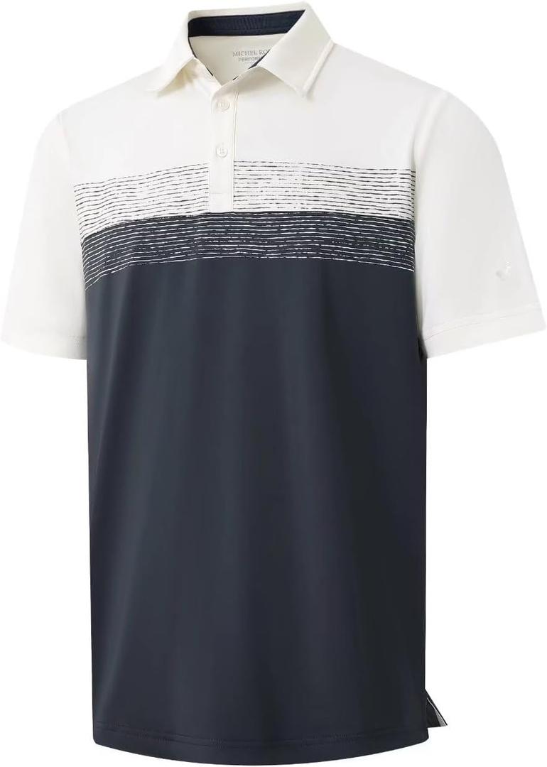 Rouen Polo Shirts for Men Quick Dry Regular Fit Casual Color Block Chest Print Active Short Sleeve Collared Mens Golf Shirt (L)