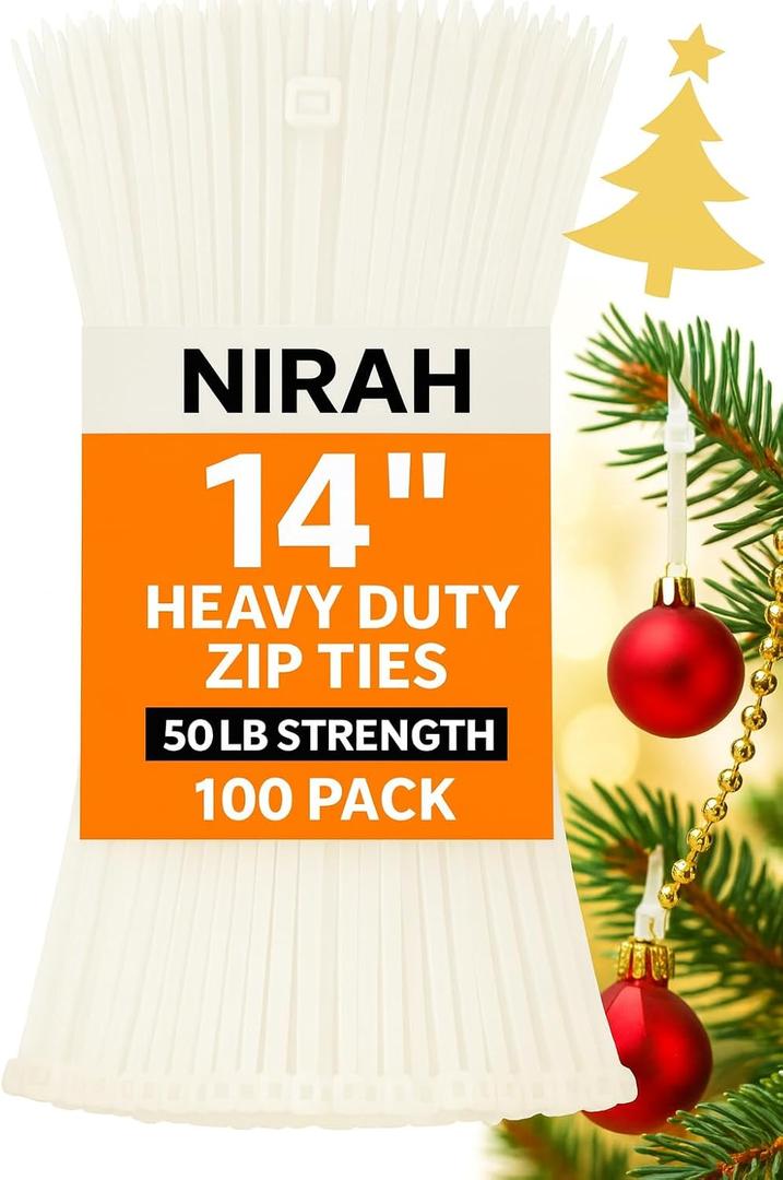 Zip Ties 14 inch Clear White, 50 lbs Strength, UV resistant, Self-locking, Multi-purpose Long Cable Ties, Wire Ties Heavy Duty Tie Downs for Office, Home, Outdoors, Cable Management by Nirah