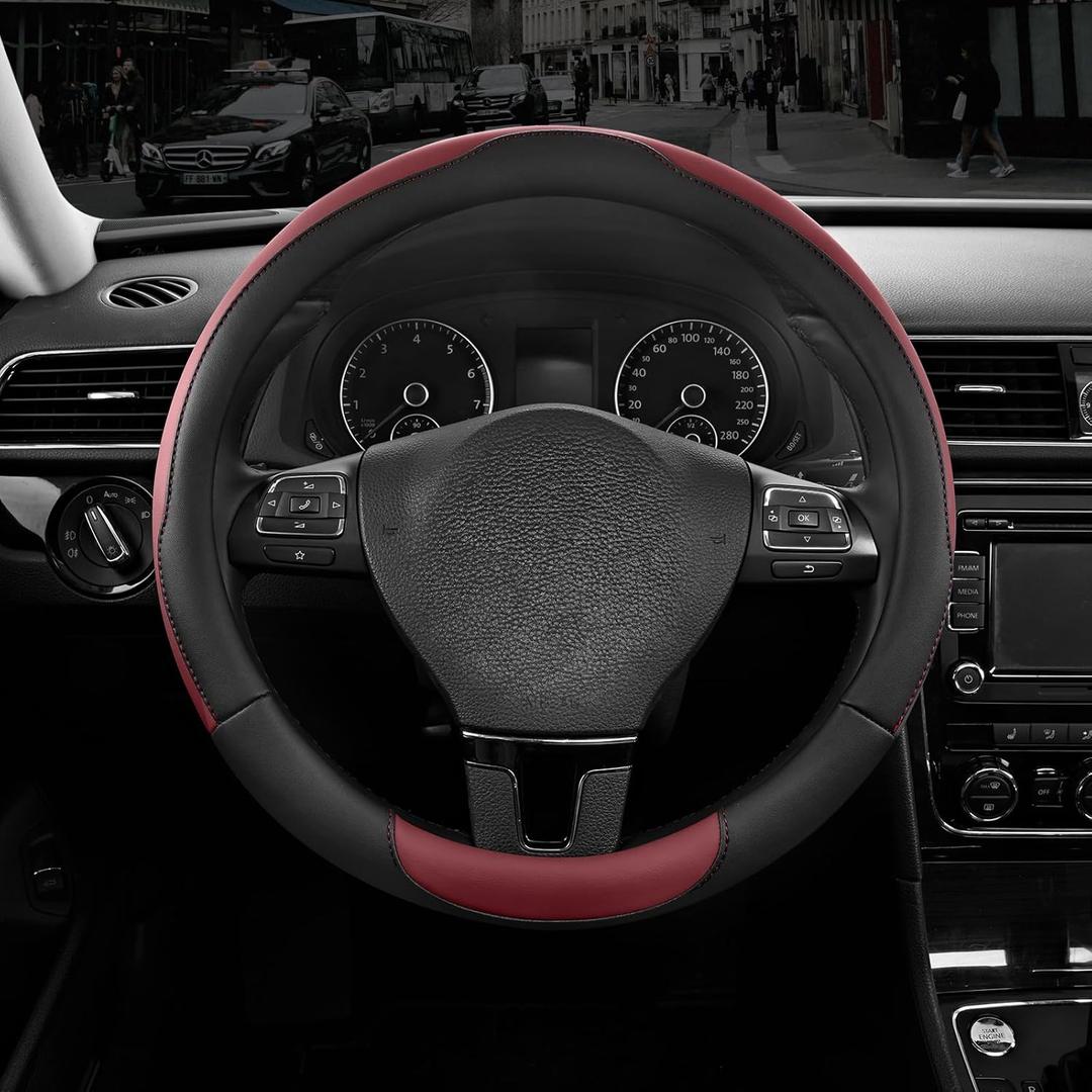 Road Comforts Steering Wheel Cover, Breathable Anti-Slip Leather Steering Wheel Cover, Universal Fit 14.515 Inch, Comfortable Grip - Redwine Color