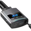Nulaxy 80.5W Bluetooth 5.3 Car Adapter with 35.4" Retractable Charging Cable, 3 Fast Charging Ports [Type-C, USB A, Lightning Adapter], FM Radio Transmitter Hands-Free Calling, Gray
